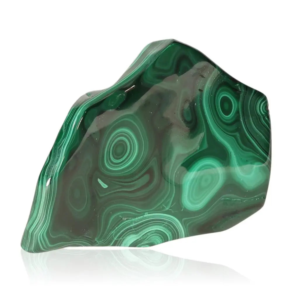 Vibrant malachite gemstone with swirling patterns, known for its soothing energy and empowering qualities.