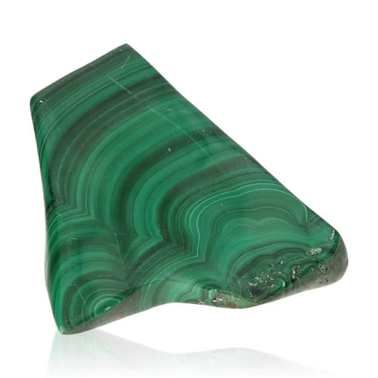 Malachite stone with vibrant green striations, symbolizing courage and hope, known for soothing and energizing properties.