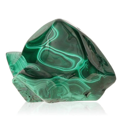 Malachite gemstone displaying vibrant green hues and natural patterns, symbolizing elegance, courage, and positive energy.