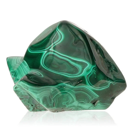 Malachite gemstone displaying vibrant green hues and natural patterns, symbolizing elegance, courage, and positive energy.