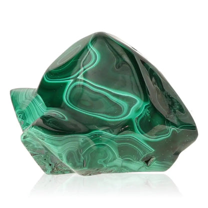 Vibrant malachite stone with swirling green patterns, embodying elegance and positive energy, perfect for inspiring courage and hope.