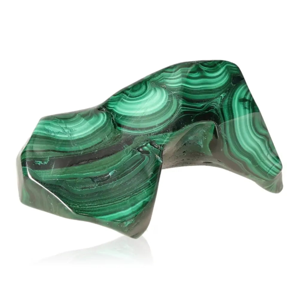 Vibrant green Malachite gemstone with swirled patterns, embodying natural serenity and balance.