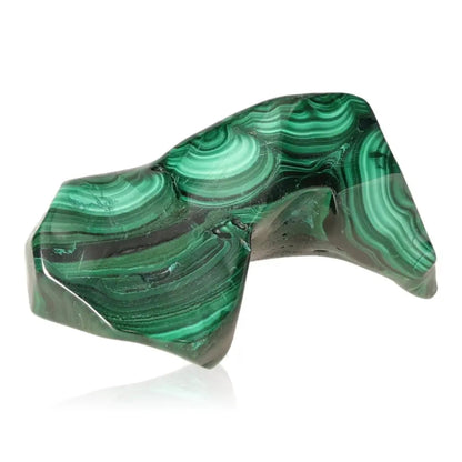 Vibrant green Malachite gemstone with swirled patterns, embodying natural serenity and balance.