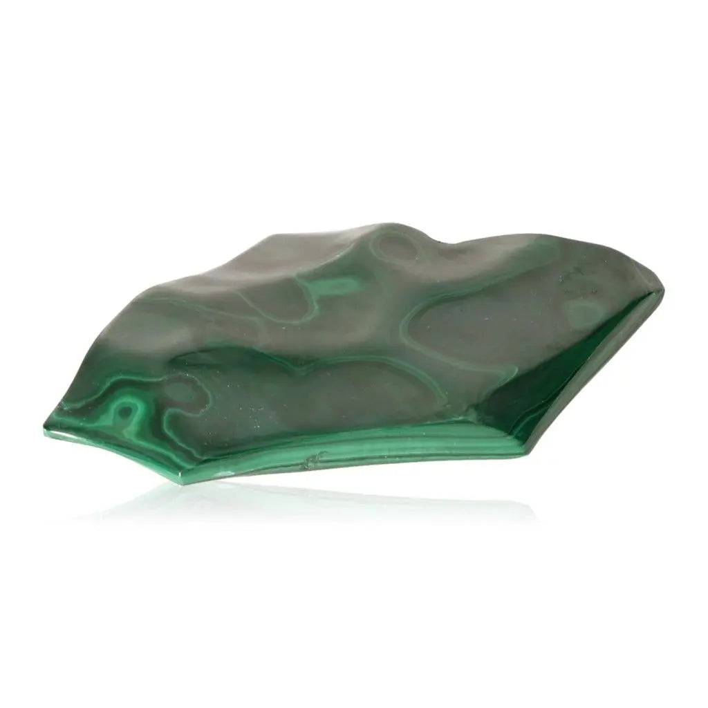 Lustrous green Malachite stone with unique patterns, known for soothing energy and courage, ideal for positivity and navigating change.
