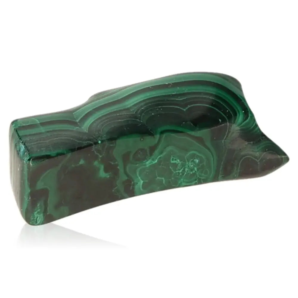 Polished green Malachite stone with natural swirls, known for soothing energy and encouraging positive change.
