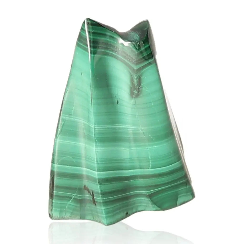 A polished malachite stone, exuding soothing energy and vibrant green hues, ideal for fostering inner harmony and courage.