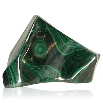 Polished malachite stone with swirling green patterns resonating with soothing energy and natural allure.