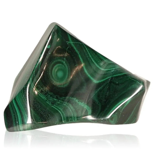 Polished malachite stone with swirling green patterns resonating with soothing energy and natural allure.