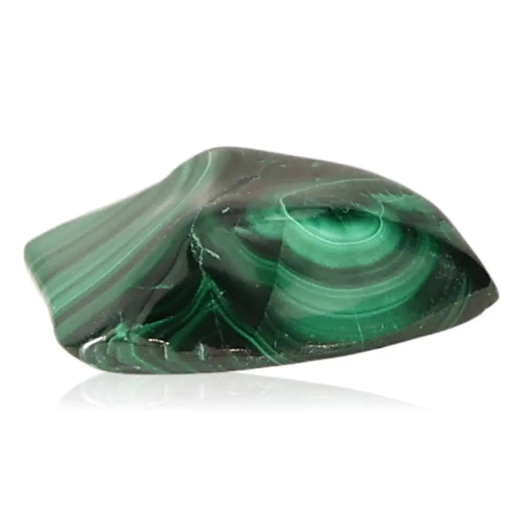 Malachite stone with soothing green swirls for courage and optimism, supporting inner harmony and energy balance.