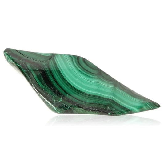Polished malachite stone with soothing green bands, promotes courage and hope, ideal for navigating life changes with optimism.