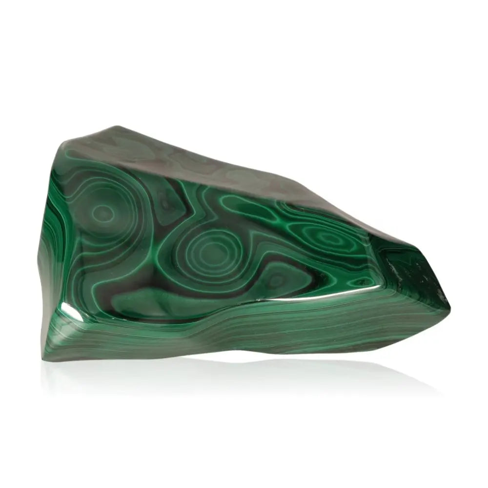 Polished green malachite stone with swirling patterns, known for its soothing energy and ability to encourage hope and inner harmony.