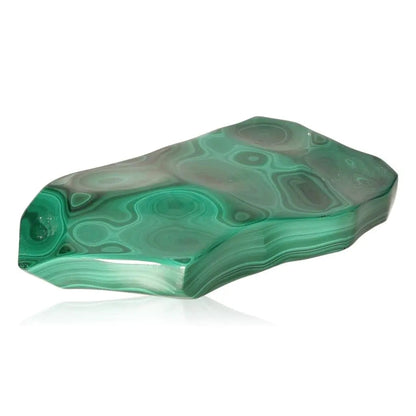Smooth, polished Malachite stone with rich green hues and intricate bands, embodying courage and hope.
