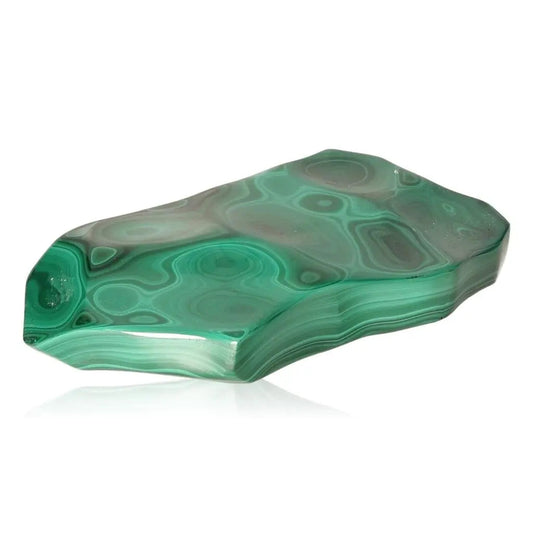 Smooth, polished Malachite stone with rich green hues and intricate bands, embodying courage and hope.