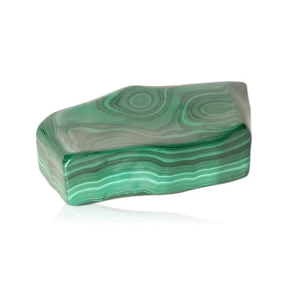 Malachite stone featuring lush green swirls, known for its calming and balancing energy, reminiscent of a tranquil forest.