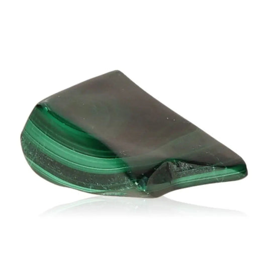 Polished malachite stone emanating soothing energy, promotes courage, clarity, and positivity during life changes. Dual energy balance.
