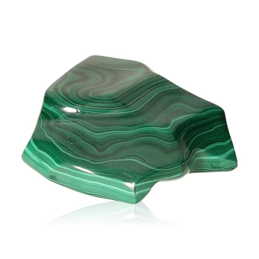 Polished green Malachite gemstone with swirling patterns, symbolizing courage and hope for inner harmony and positivity.