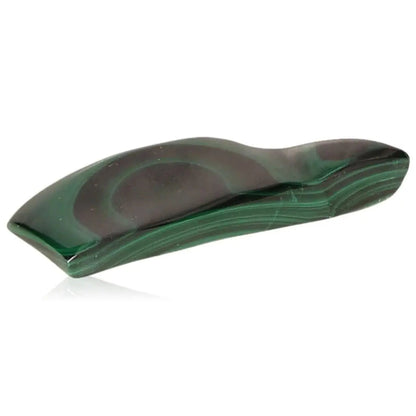 Polished malachite stone shaped into a smooth and curved form, showcasing natural green patterns and promoting soothing energy.