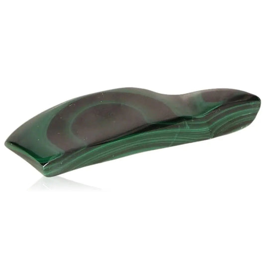 Polished malachite stone shaped into a smooth and curved form, showcasing natural green patterns and promoting soothing energy.