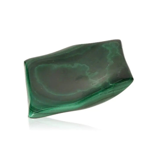 Malachite gemstone with deep green swirls, symbolizing soothing energy and transformation.