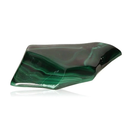 Polished malachite stone with vibrant green hues and natural patterns, symbolizing courage and tranquility.