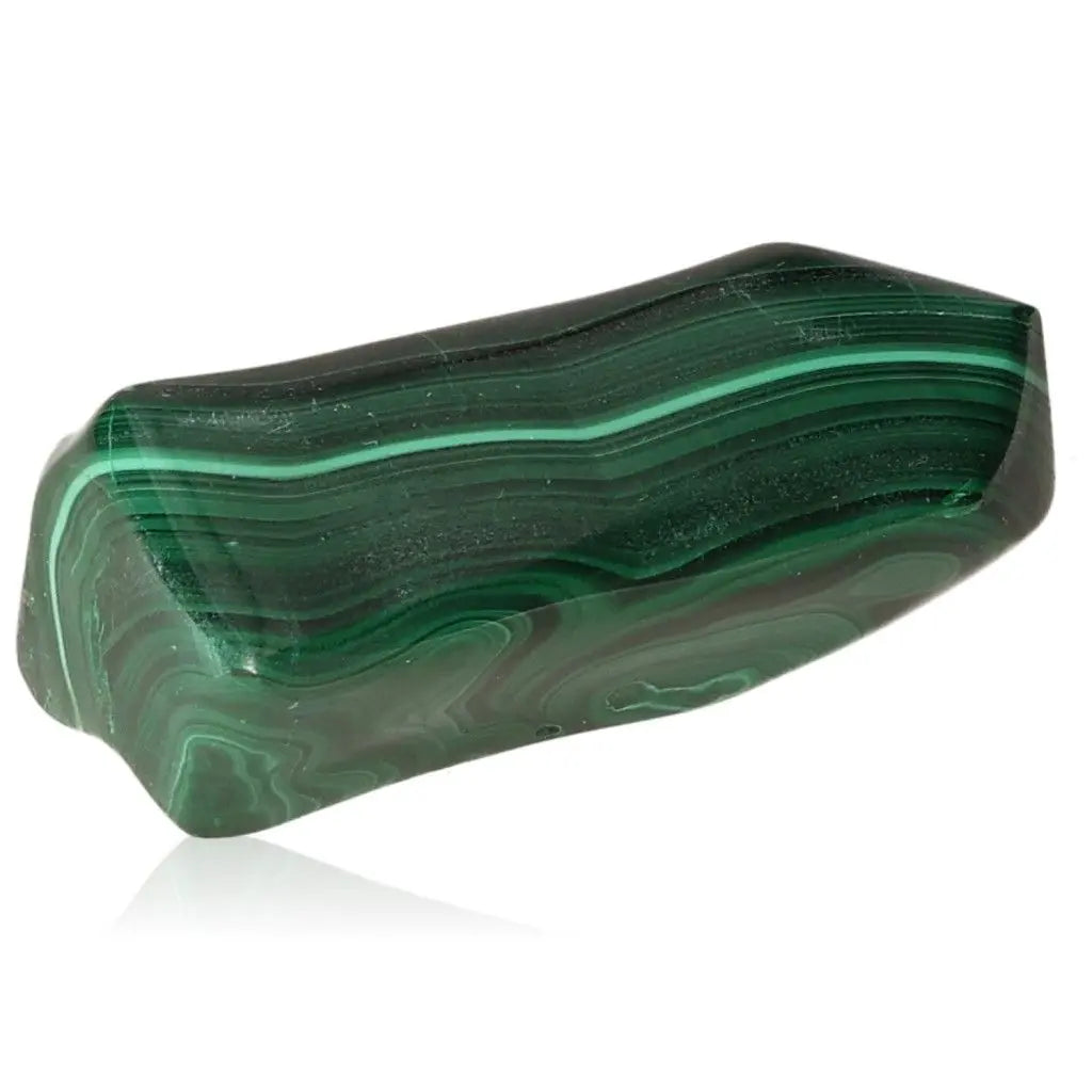 Smooth malachite gemstone with vibrant green bands, symbolizing transformation and courage, perfect for energy healing and decor.