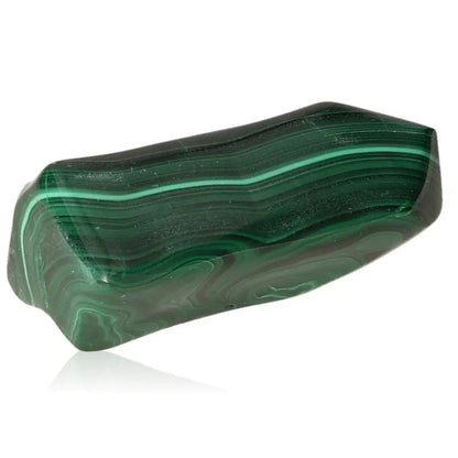Smooth malachite gemstone with vibrant green bands, symbolizing transformation and courage, perfect for energy healing and decor.