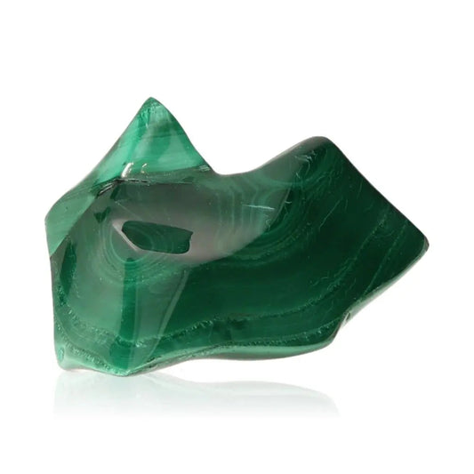 Polished malachite gemstone showcasing deep green hues and natural patterns, symbolizing tranquility and transformation.