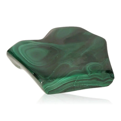Polished Malachite gemstone with vibrant green hues, known for soothing energy and alleviating depressive states.