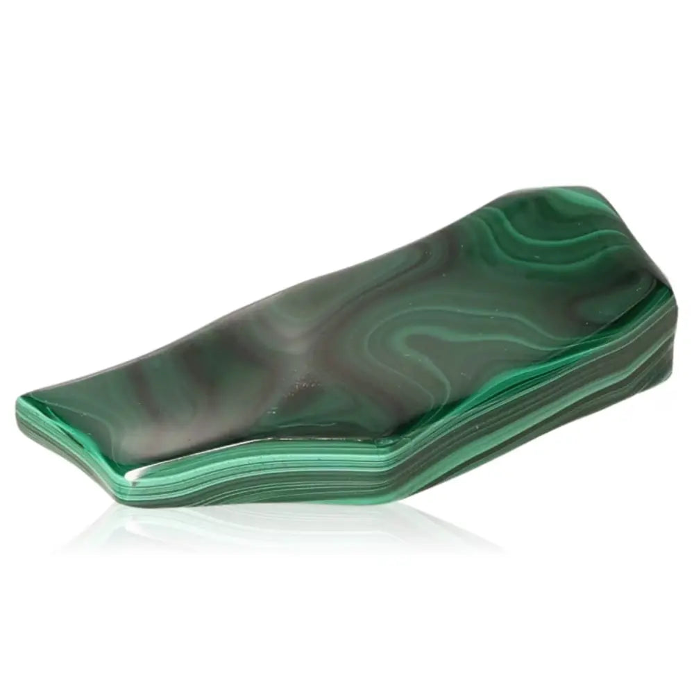 Malachite gemstone slice showcasing deep green hues and natural patterns, known for promoting courage, hope, and positive energy.