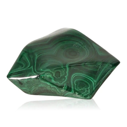 Polished malachite gemstone with swirling green patterns reflecting its natural beauty and spiritual energy.