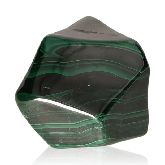 Polished green malachite gemstone showcasing its distinctive bands and vibrant hues, embodying natural beauty and tranquil energy.