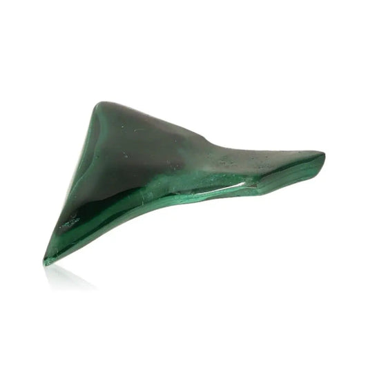 Malachite gemstone, vibrant green stone known for empowering courage and transforming fear, displayed on a white background.