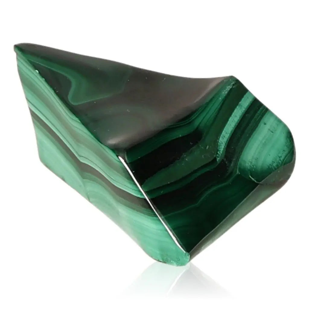 Polished green malachite stone with unique banding, known for its soothing and energizing properties.