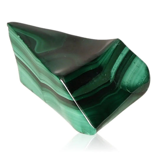 Polished green malachite stone with unique banding, known for its soothing and energizing properties.