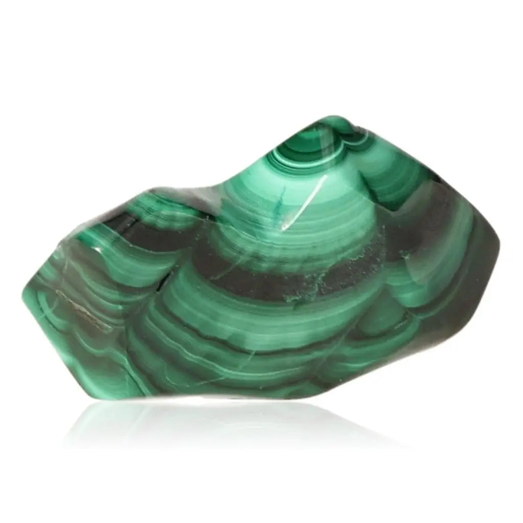 Vibrant green Malachite gemstone with swirling patterns, known for its soothing energy and transformative properties.