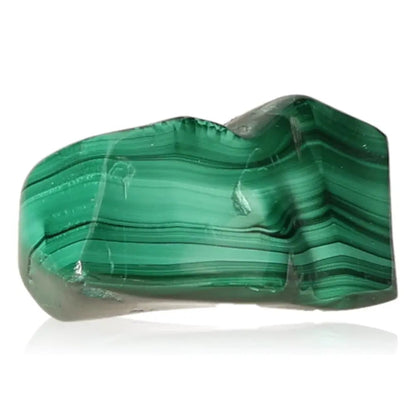 Vibrant green Malachite gemstone with striking banded texture, symbolizing nature's soothing energy and transformative power.
