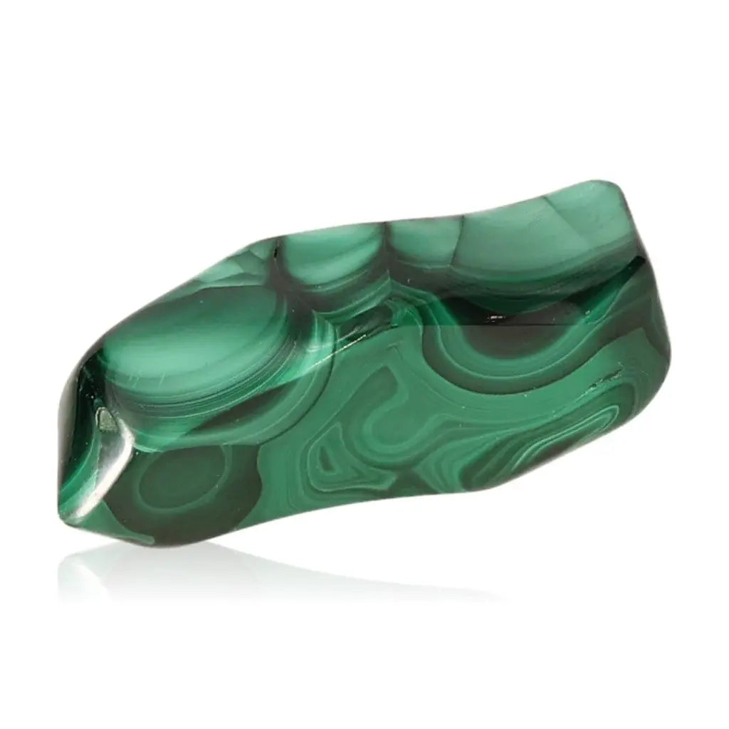 Vibrant green Malachite stone with swirling patterns, known for soothing energies and personal transformation, perfect for positive change.