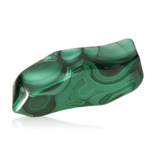 Vibrant green Malachite stone with swirling patterns, known for soothing energies and personal transformation, perfect for positive change.
