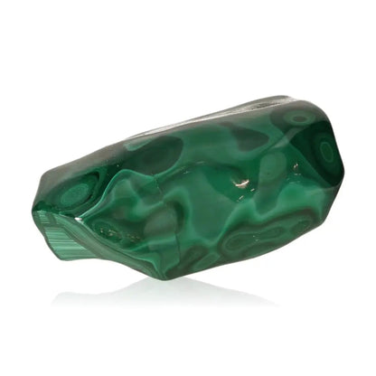Malachite stone with deep green swirls, symbolizing soothing energy and transformation.