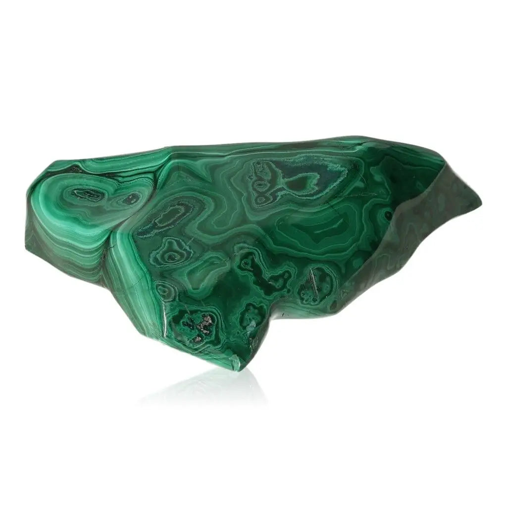 Vibrant green malachite stone with swirling patterns, showcasing serene elegance and calming energy for courage and hope.