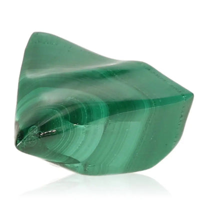 Polished malachite gemstone showcasing vibrant green hues and natural patterns, embodying nature's calming energy and courage-enhancing properties.