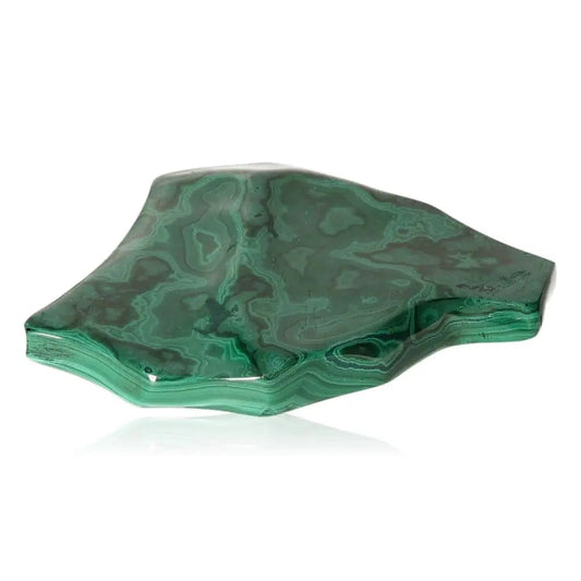 Polished green malachite stone with swirling patterns, symbolizing nature's soothing energy and transformative power. 