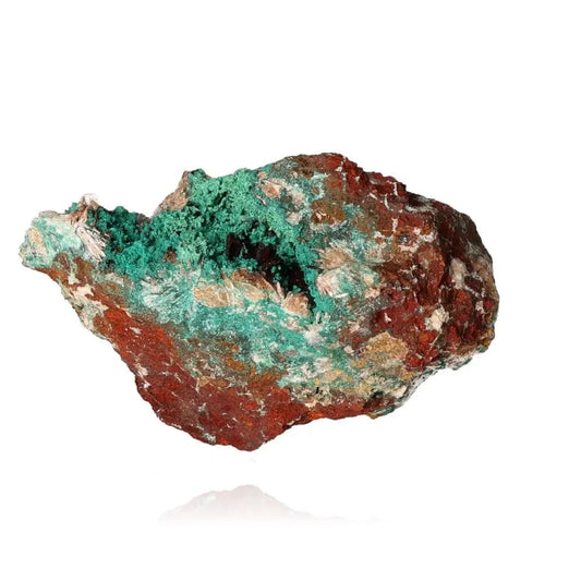 Raw malachite gemstone with vibrant green swirls and earthy red tones.