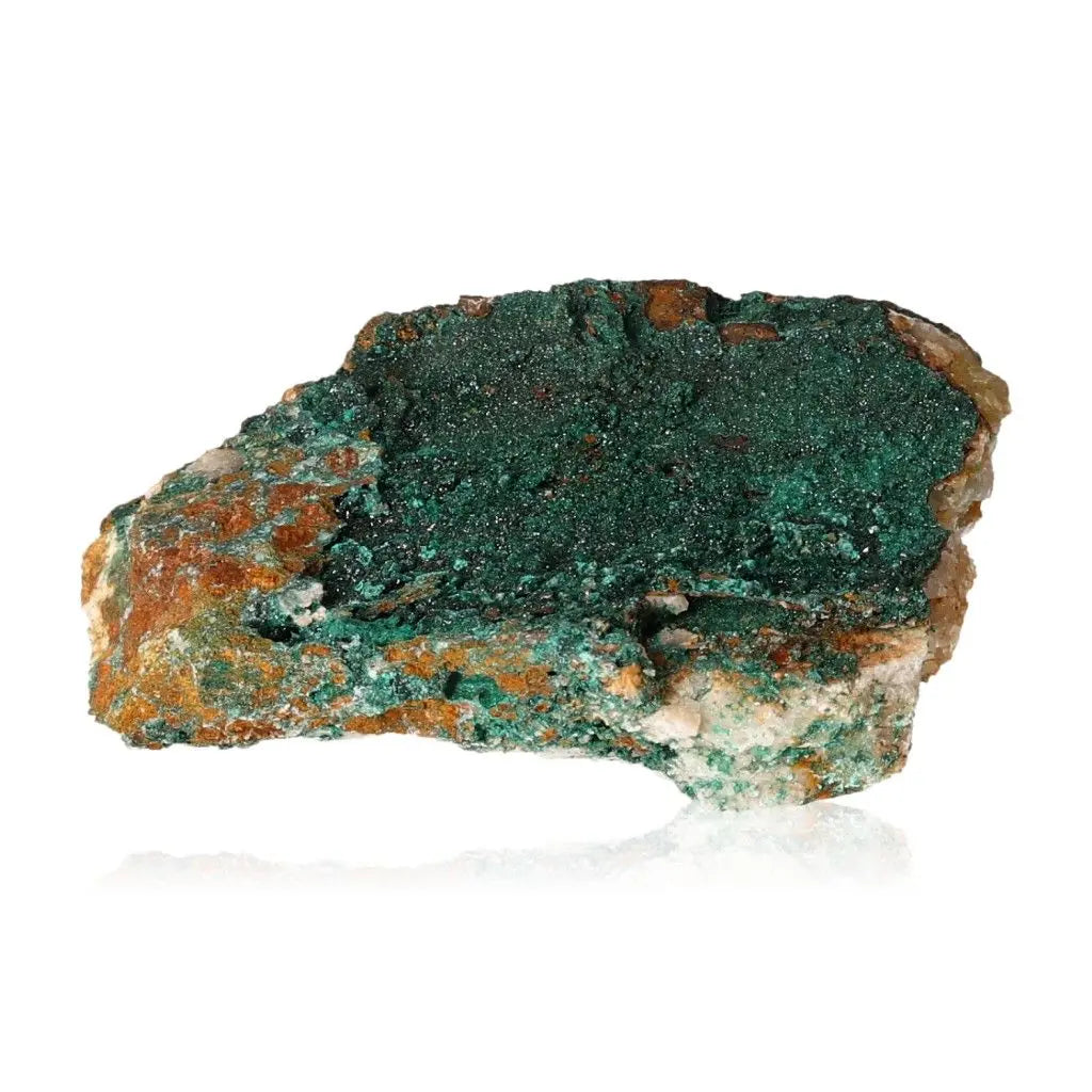 Malachite Druze stone showcasing vibrant green hues and textured surface, symbolizing spiritual strength and emotional balance.