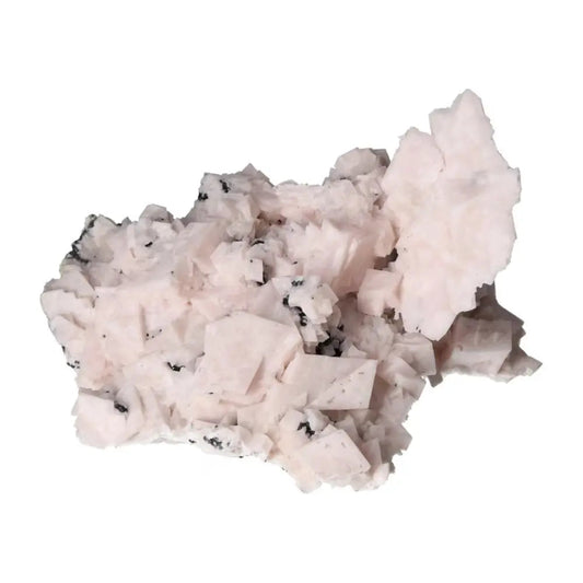 Mangano Calcite crystal cluster, soft pink with black accents, known for emotional healing and soothing energy.