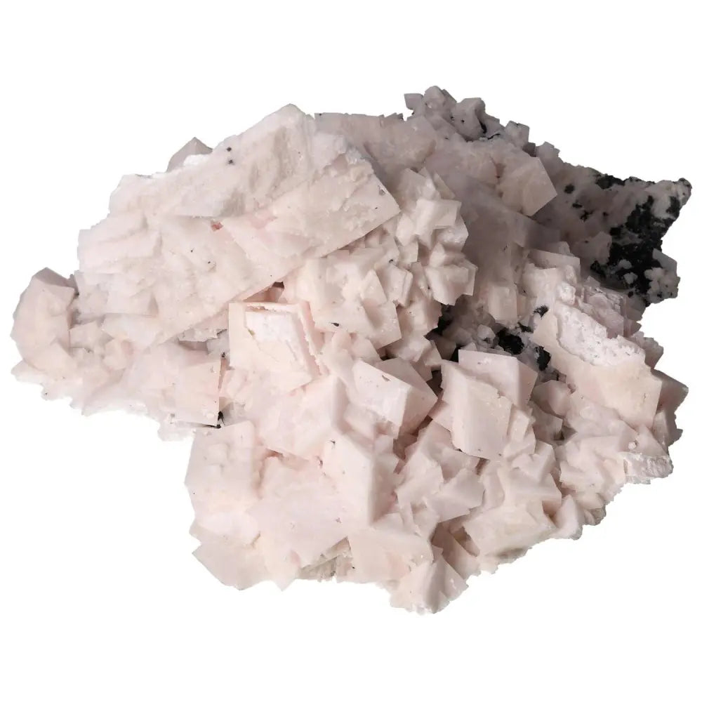 Soft pink Mangano Calcite crystal cluster, known for emotional healing and heart energy work.