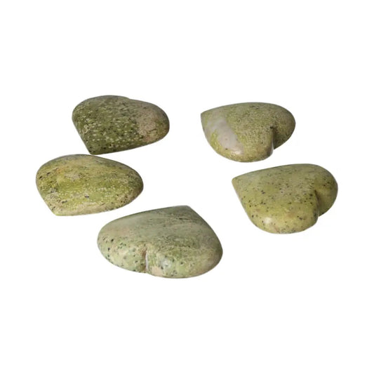 Five medium serpentine heart-shaped crystals with vibrant green hues, symbolizing emotional balance and spiritual growth.