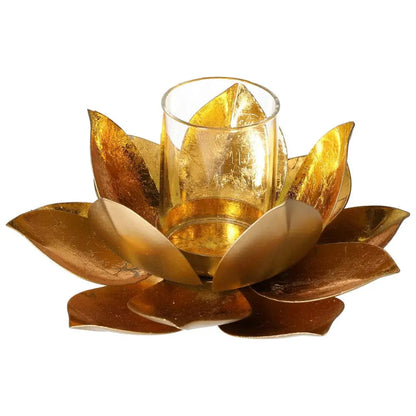 Golden metal lotus candle holder with intricate petal design, perfect for adding elegance and luxury to any space. Ideal for home decor.