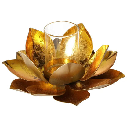 Gold Metal Lotus Candle Holder with glass center, perfect for enhancing home decor and adding a touch of elegance to any space.
