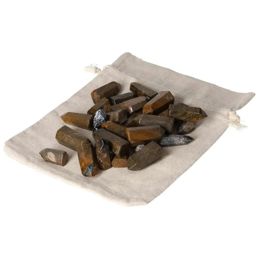 Mini Point Mahogany Obsidian stones on a cloth pouch, 0.5 KG, 30 pieces, known for their powerful protective aura and energy-neutralizing properties.